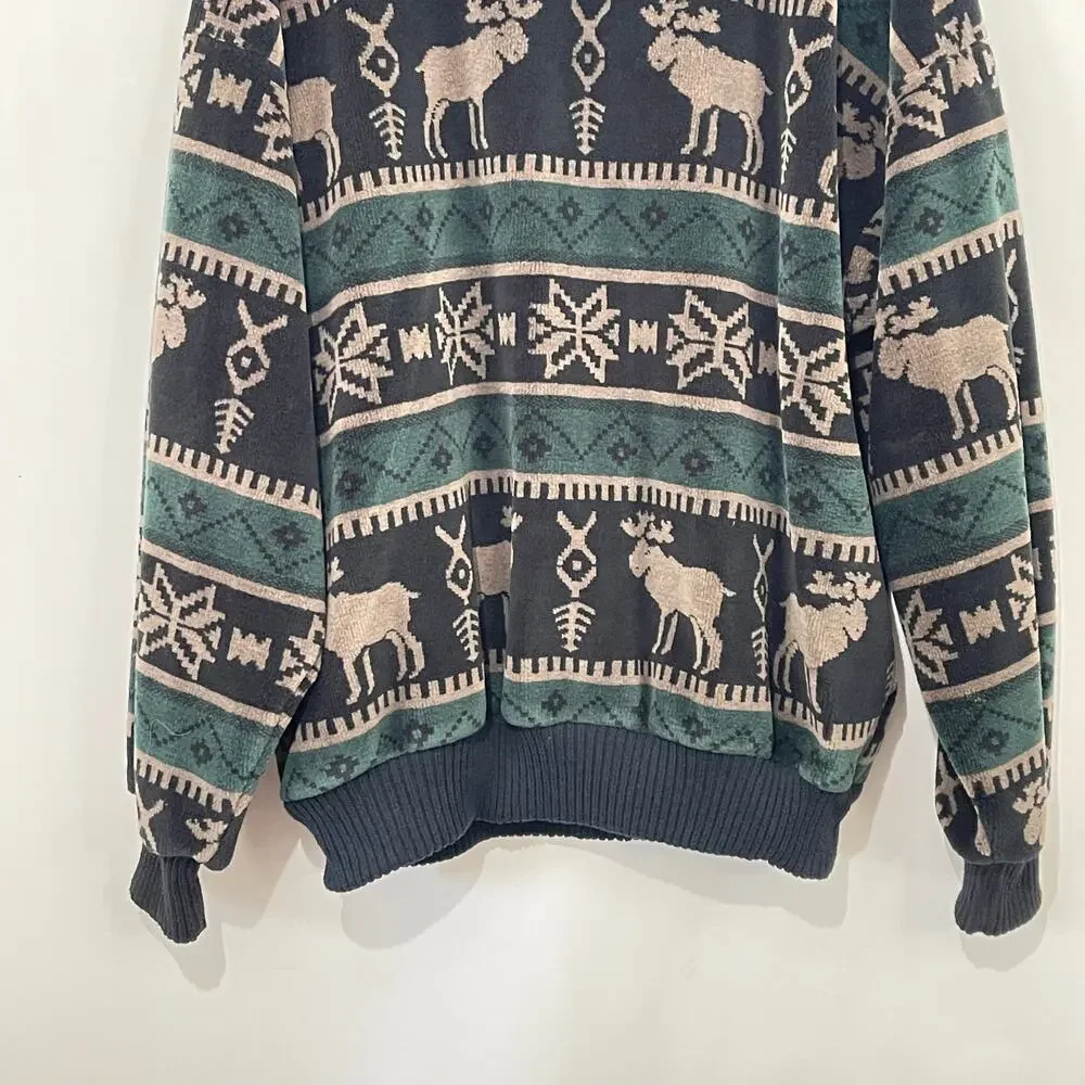 Norm Thompson Velour Pullover Moose Fair Isle 1/2 Zip Sweatshirt Shacket Large - Picture 10 of 12